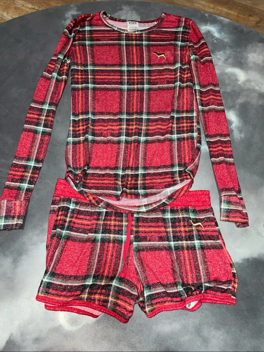 PINK Victoria's Secret Red Plaid Long-Sleeve Top & Shorts Pajama Set